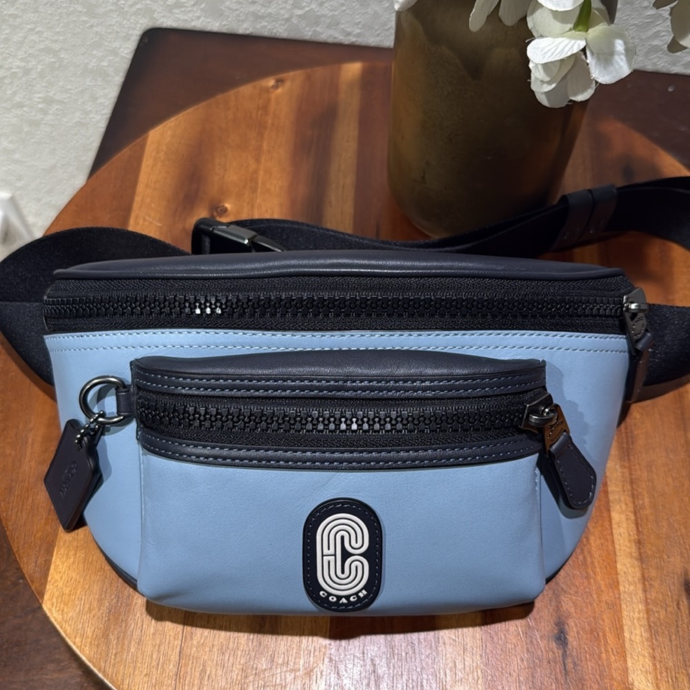Coach Westway Belt Bag In Colorblock With Coach Patch Blue Black Leather